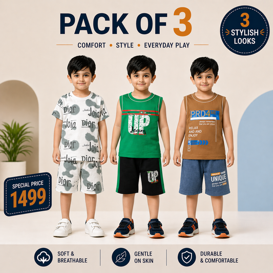 Boys Pack of 3 Suit Set - kids clothing by New Outfit Pakistan