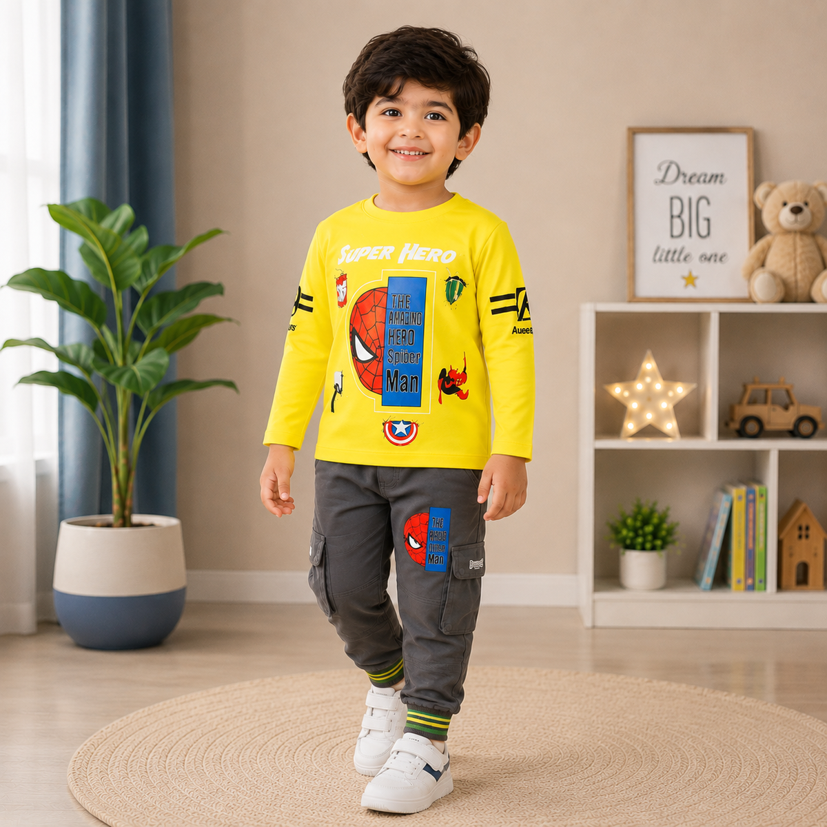 Boys Superhero Graphic Full Sleeve T-Shirt with Cargo Jogger Pants | 2 Piece Outfit (NO-25026)