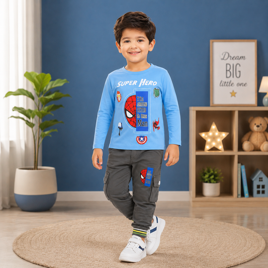 Boys Superhero Graphic Full Sleeve T-Shirt with Cargo Jogger Pants | 2 Piece Outfit (NO-25026)