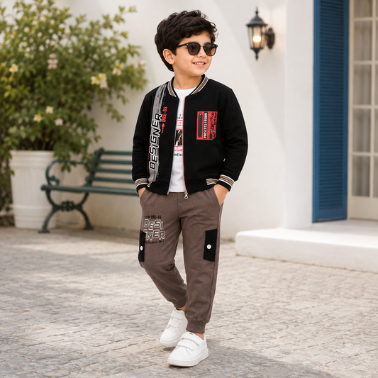 Boys Premium 3-Piece Designer Jacket Suit – Graphic Zip Jacket, Printed T-Shirt & Jogger Trouser (NOF-1955)