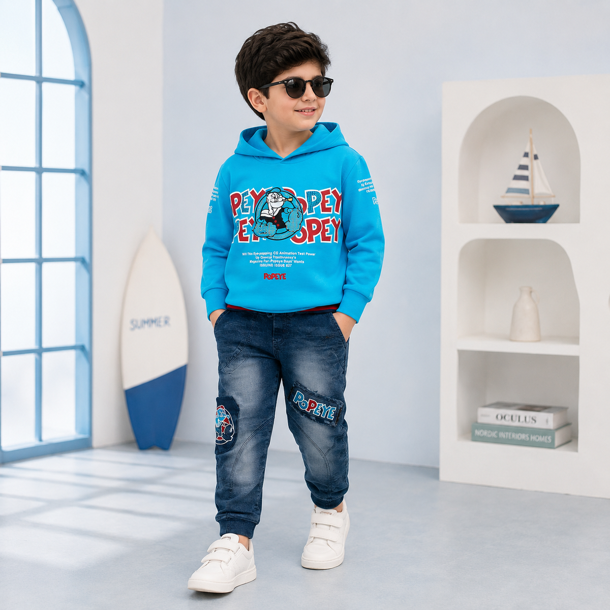 Boys Popeye Graphic Hoodie with Denim Jogger Pants – 2 Piece Casual Outfit (NOF-1696)