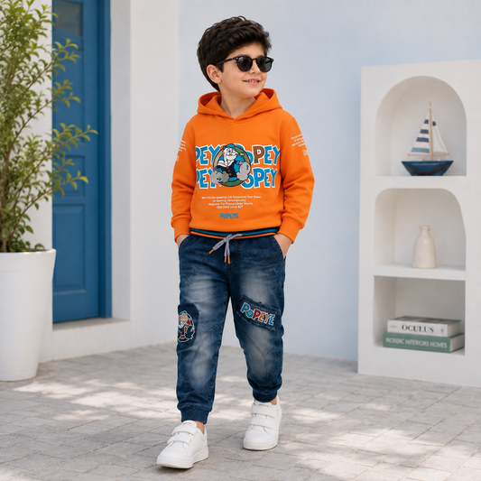 Boys Popeye Graphic Hoodie with Denim Jogger Pants – 2 Piece Casual Outfit (NOF-1696)
