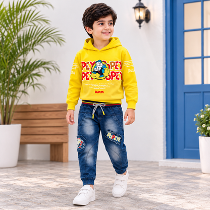 Boys Popeye Graphic Hoodie with Denim Jogger Pants – 2 Piece Casual Outfit (NOF-1696)