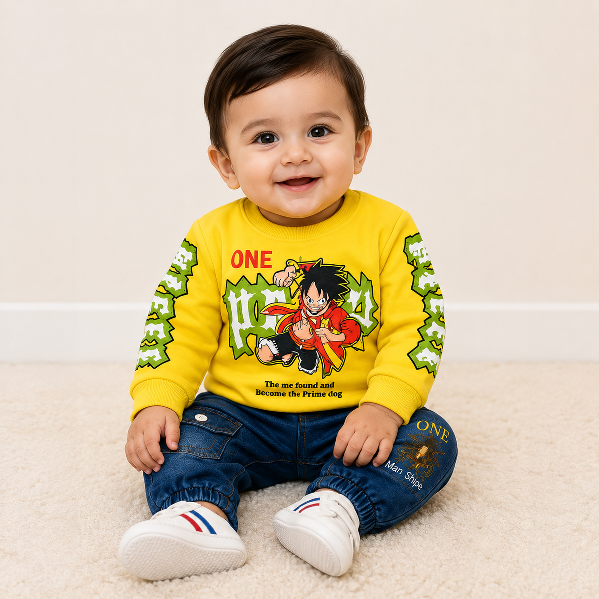 Baby Boys Graphic Sweatshirt & Denim Jogger 2-Piece Suit – Red, Yellow & Blue (NOF-1948)