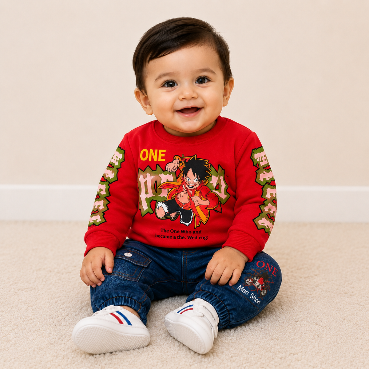 Baby Boys Graphic Sweatshirt & Denim Jogger 2-Piece Suit – Red, Yellow & Blue (NOF-1948)