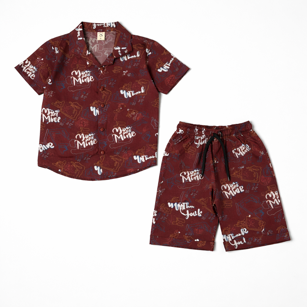Boys China Imported Maroon Printed Shirt & Shorts Set – 2 Piece Summer Outfit