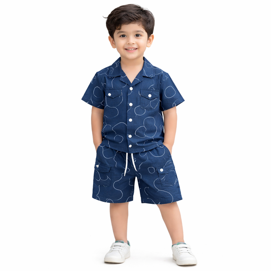 Boys China Imported Navy Blue Printed Shirt & Shorts Set – 2 Piece Summer Outfit