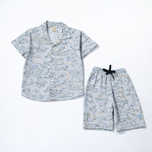 Boys Light Grey Printed Summer Co-Ord Set – Shirt & Shorts | 2-Piece Outfit | China Imported Fabric
