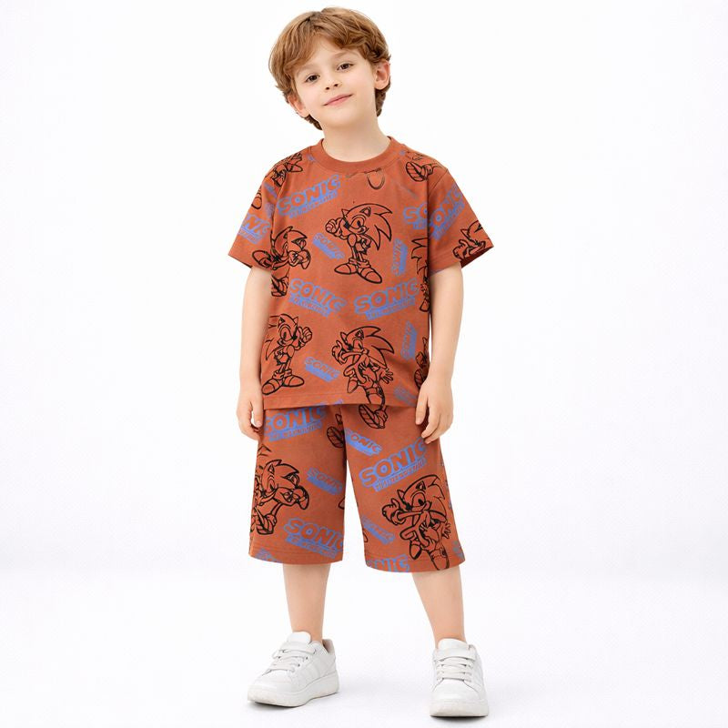 Boys Printed Summer Co-Ord Set – T-Shirt & Shorts | Soft Jersey Fabric | Cartoon Print (Brown)