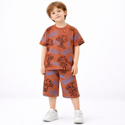 Boys Printed Summer Co-Ord Set – T-Shirt & Shorts | Soft Jersey Fabric | Cartoon Print (Brown)