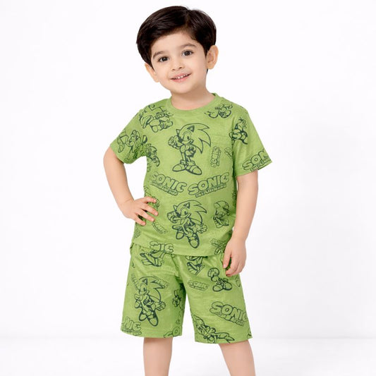 Boys Green Sonic Printed Summer Set – T-Shirt & Shorts | 2-Piece Outfit | Soft Jersey Fabric