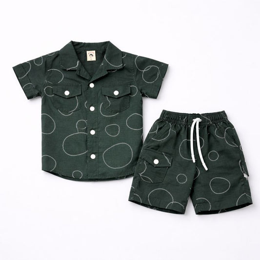 Boys Dark Green Printed Summer Co-Ord Set – Shirt & Shorts | 2-Piece Outfit | China Imported Fabric