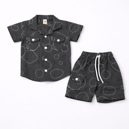 Boys Dark Grey Printed Summer Co-Ord Set – Shirt & Shorts | 2-Piece Outfit | China Imported Fabric