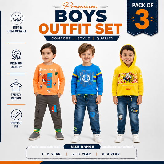 Boys Full Sleeve Outfit Set Pack of 3 | Premium Kids Clothing - kids clothing by New Outfit Pakistan