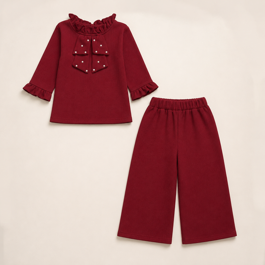 Girls Maroon Pearl Bow Co-Ord Set EG-160 - kids clothing by New Outfit Pakistan - image 3