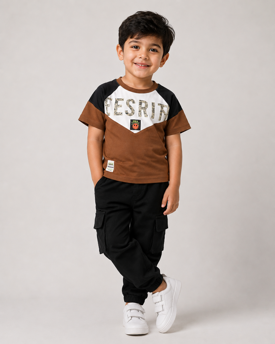Boys Casual ESPRIT Printed T-Shirt with Black Cargo Trouser 2 Piece Summer Outfit Set