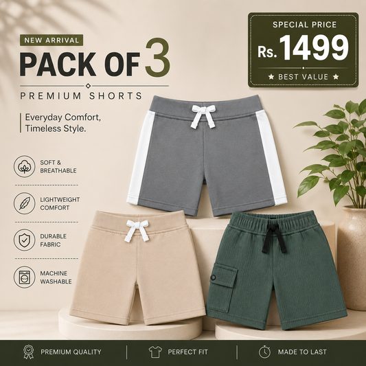 Pack of 3 Premium Kids Shorts – Soft & Comfortable Summer Wear