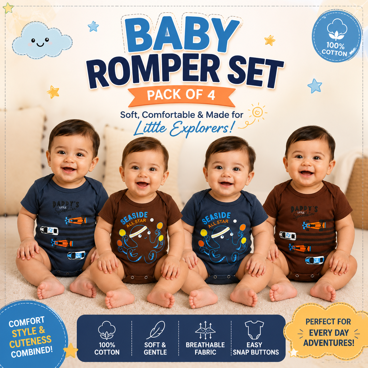 Pack of 4 Baby Romper Set