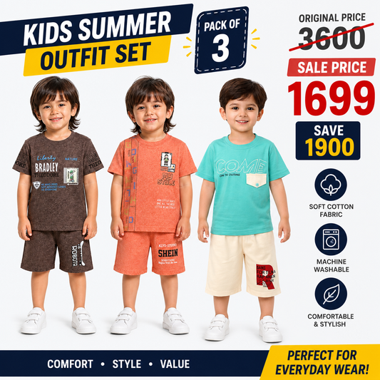Kids Trendy Summer Outfit Deal – Pack of 3 - kids clothing by New Outfit Pakistan