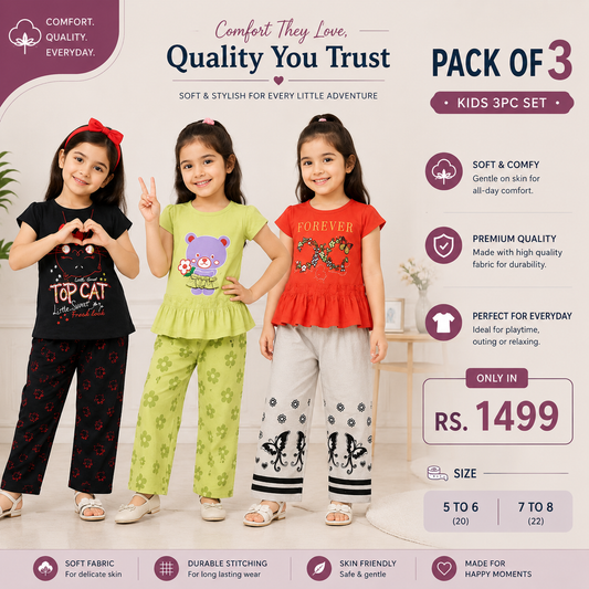 Girls Jersey Casual Outfit Set – Pack of 3 | Soft & Stylish Everyday Wear for Girls 🌸