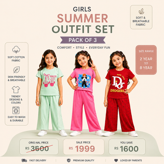 Girls Jersey Summer Outfit Set – Pack of 3 | Soft & Breathable Casual Wear for Girls (2–8 Years) 🌸(eb-03)