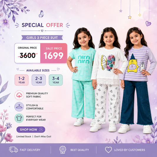 Girls Jersey Kids Outfit Set – Pack of 3 | Soft & Comfortable Everyday Wear 🌸