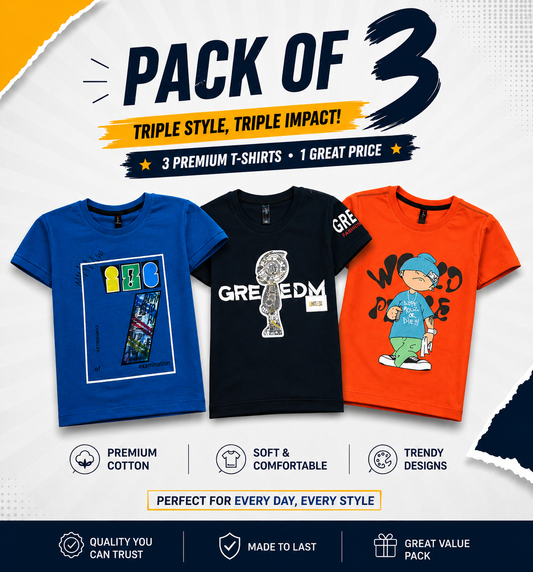 Boys Stylish Pack Of 3 Half Sleeves T-Shirts (Vol 1)