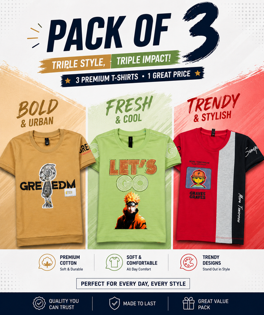Boys Stylish Pack Of 3 Half Sleeves T-Shirts (Vol 2)