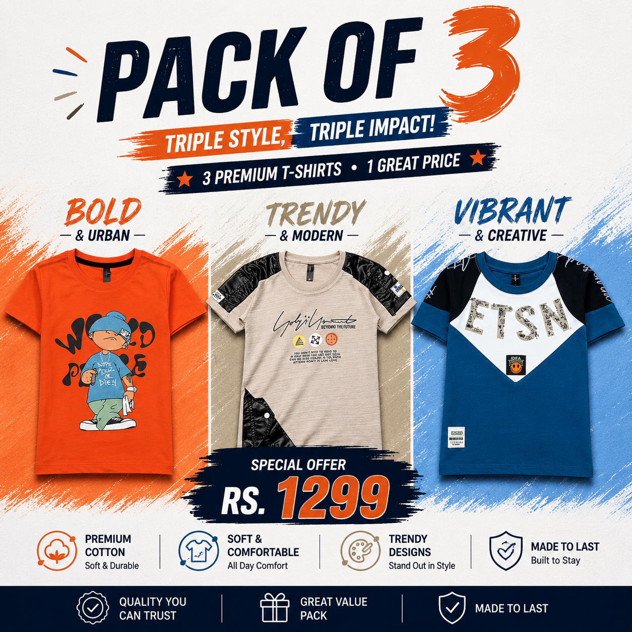 Boys Stylish Pack Of 3 Half Sleeves T-Shirts (Vol 3)