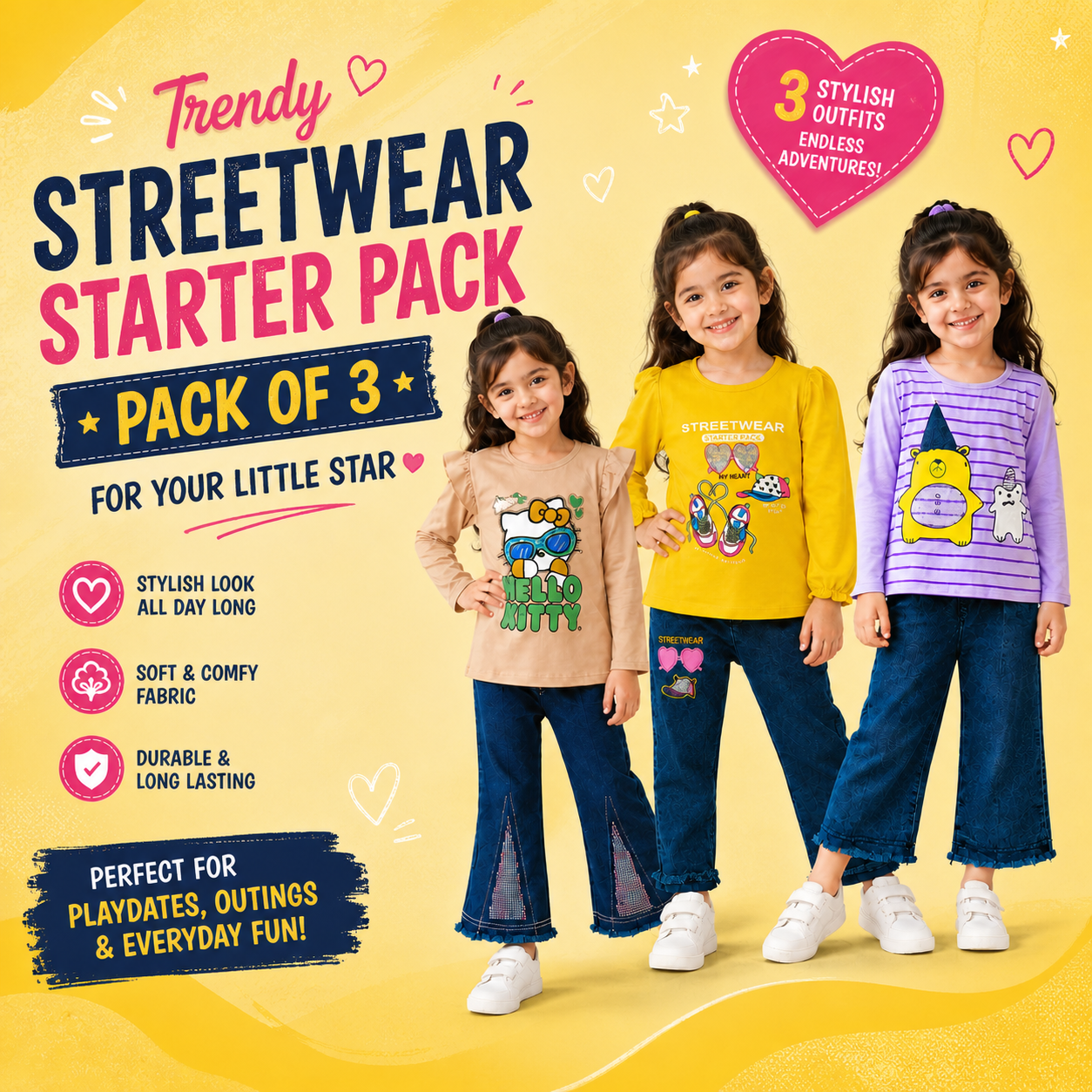 Girls Cute Casual Outfit Set – Jersey Tops with Denim Pants (Vol 2)