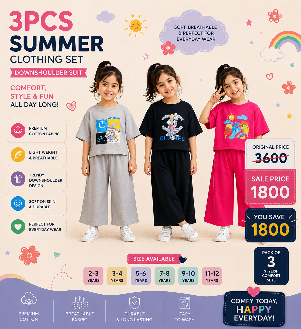Premium Pack of 3 Kids DownShoulder Suit – 2PCS Summer Clothing Set | Soft Jersey Fabric for Kids ☀️