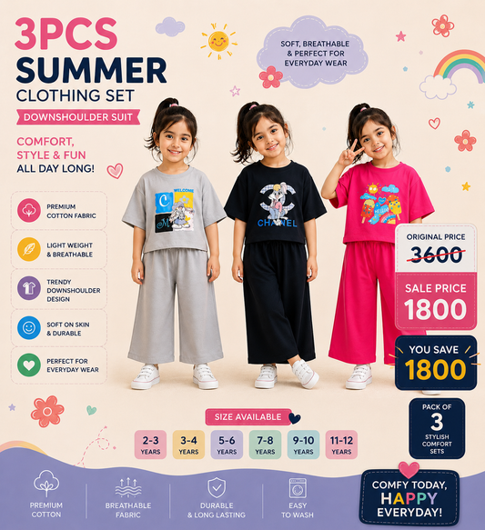 Premium Pack of 3 Kids DownShoulder Suit – 2PCS Summer Clothing Set | Soft Jersey Fabric for Kids ☀️
