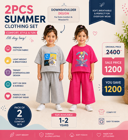 Premium pack of 2 Kids DownShoulder Suit – 2PCS Summer Clothing Set | Soft Jersey Fabric for Kids ☀️
