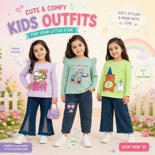 Girls Cute Casual Outfit Set | Soft Jersey Tops with Denim Pants for Stylish Little Girls 🌸