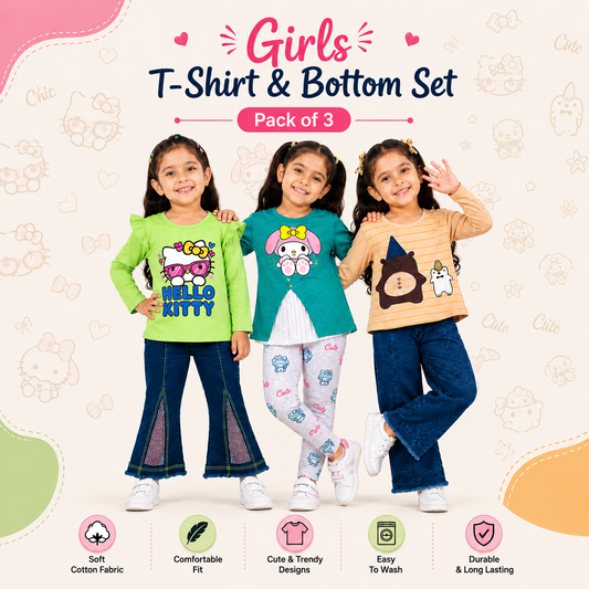 Girls T-Shirt & Bottom Set – Pack of 3 (Multicolors)