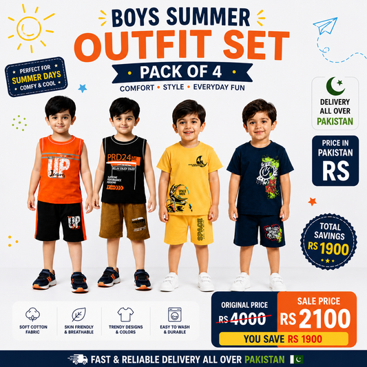 Boys Summer Outfit Set – Pack of 4 | Stylish & Comfortable Kids Wear - kids clothing by New Outfit Pakistan
