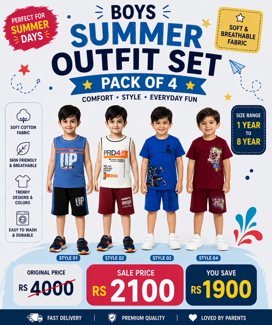 Boys Summer Outfit Set – Pack of 4 | Stylish & Comfortable Kids Wear - kids clothing by New Outfit Pakistan