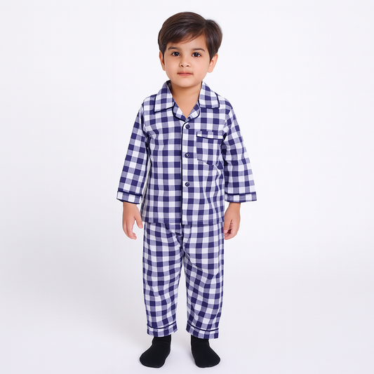 Classic Navy Checkered Boys Night Suit - kids clothing by New Outfit Pakistan