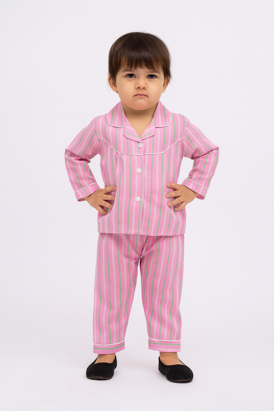 Pink Striped Cotton Night Suit for Baby Girls - kids clothing by New Outfit Pakistan