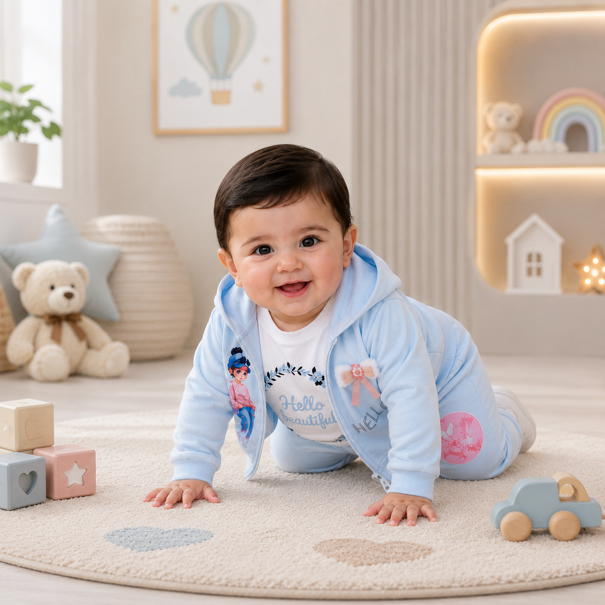 Baby Girls 3-Piece Hooded Tracksuit Set – Cute Printed Jacket, T-Shirt & Trouser | Pink, Sky Blue & White | Infant Outfit