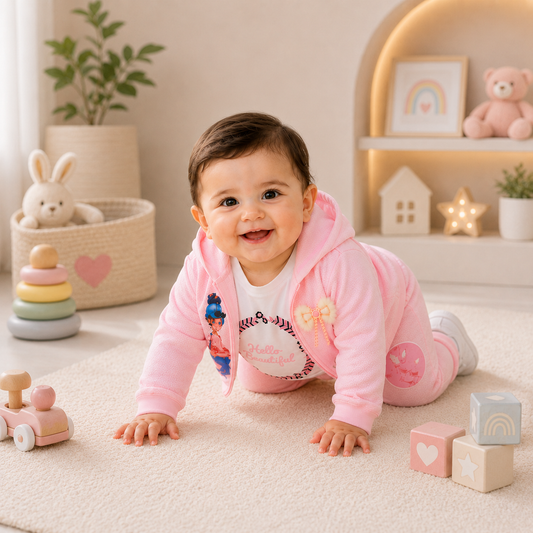 Baby Girls 3-Piece Hooded Tracksuit Set – Cute Printed Jacket, T-Shirt & Trouser | Pink, Sky Blue & White | Infant Outfit