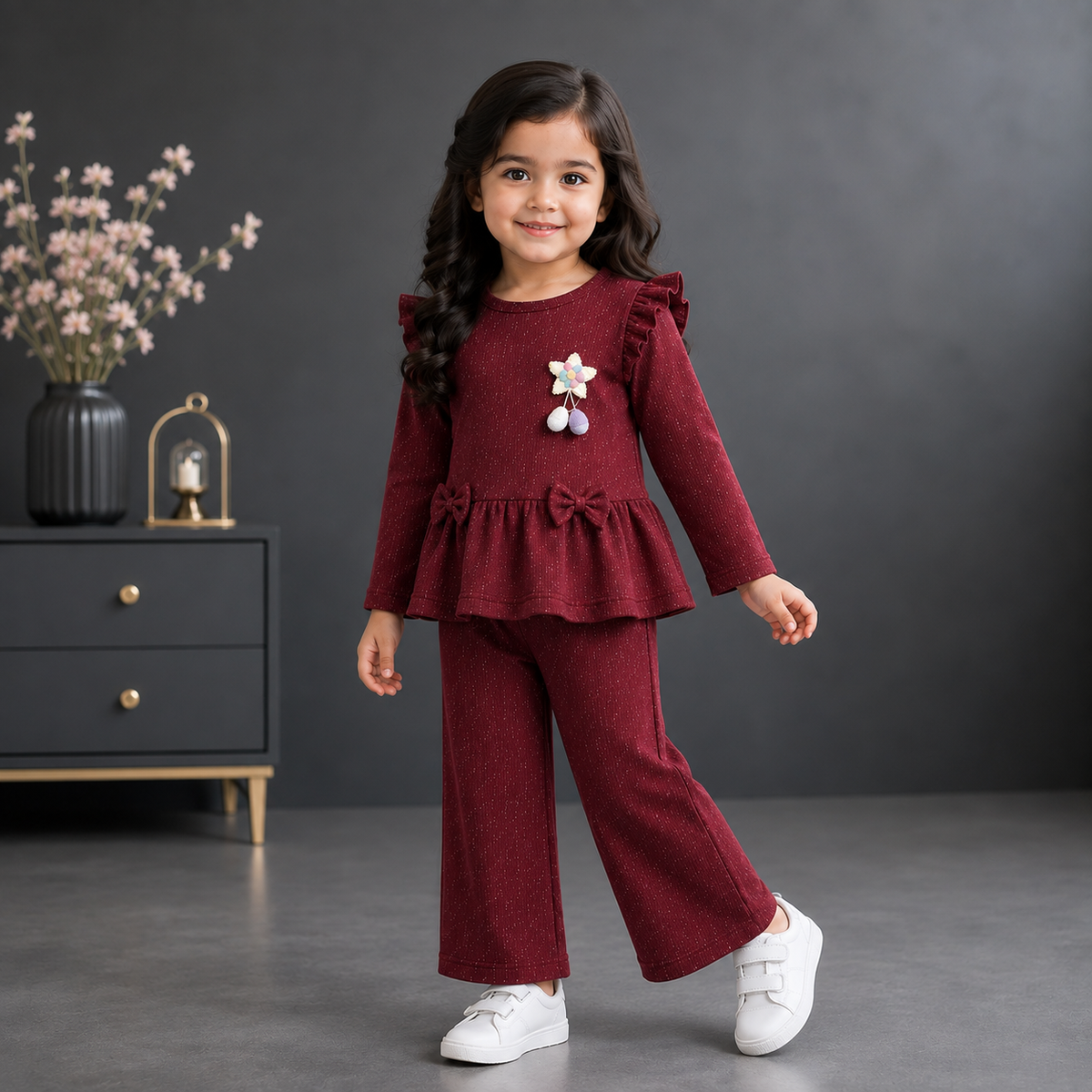 Girls Premium Ruffle Peplum Top & Wide-Leg Trouser 2-Piece Suit – Bow Detail (CHINA IMPORTED)
