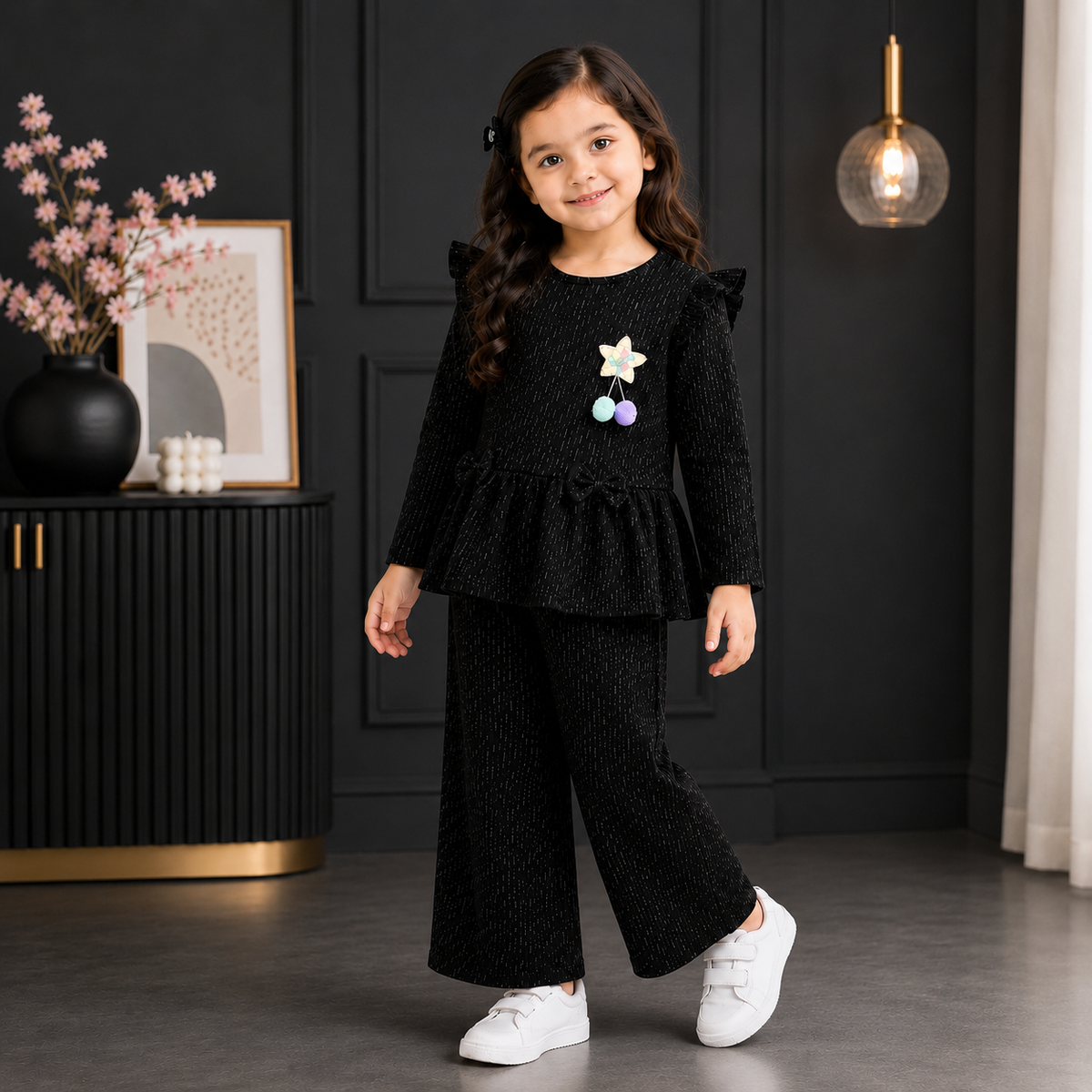 Girls Premium Ruffle Peplum Top & Wide-Leg Trouser 2-Piece Suit – Bow Detail (CHINA IMPORTED)