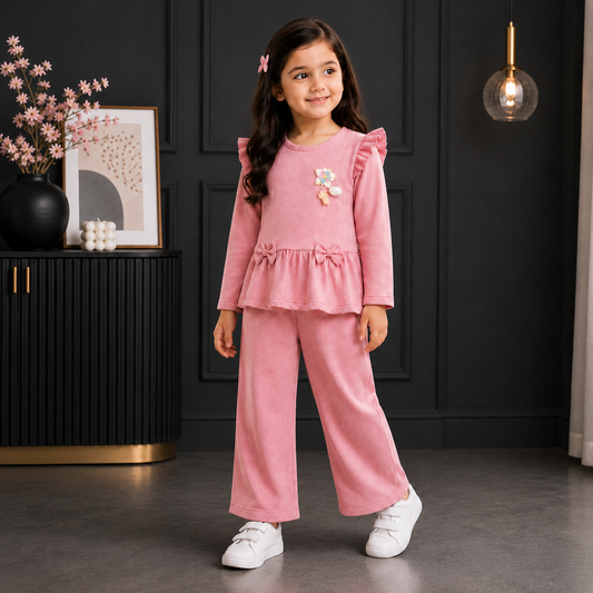 Girls Premium Ruffle Peplum Top & Wide-Leg Trouser 2-Piece Suit – Bow Detail (CHINA IMPORTED)