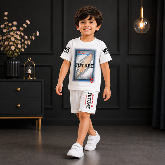 Boys Future Graphic T-Shirt & Shorts 2-Piece Summer Suit – White