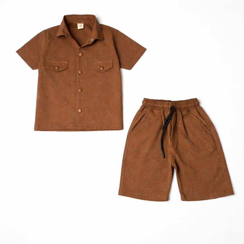 Boys China Imported  Brown Embossed Shirt & Shorts Set – 2 Piece Summer Outfit