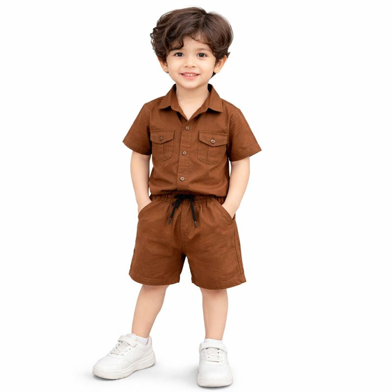 Boys China Imported  Brown Embossed Shirt & Shorts Set – 2 Piece Summer Outfit