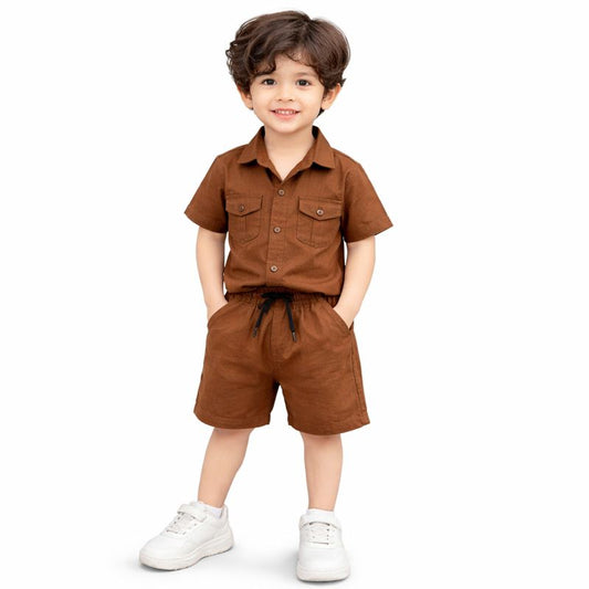 Boys China Imported  Brown Embossed Shirt & Shorts Set – 2 Piece Summer Outfit