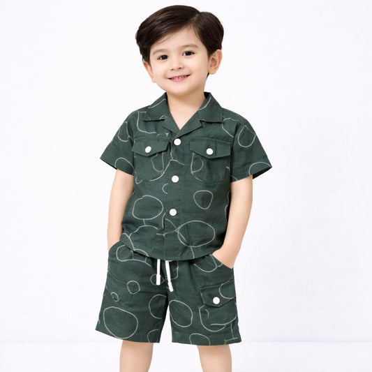 Boys Dark Green Printed Summer Co-Ord Set – Shirt & Shorts | 2-Piece Outfit | China Imported Fabric