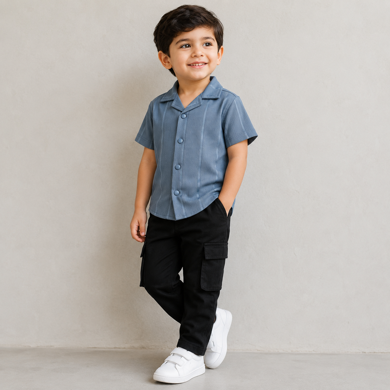 Boys Beige Cuban Collar Shirt & Black Cargo Trouser Set
